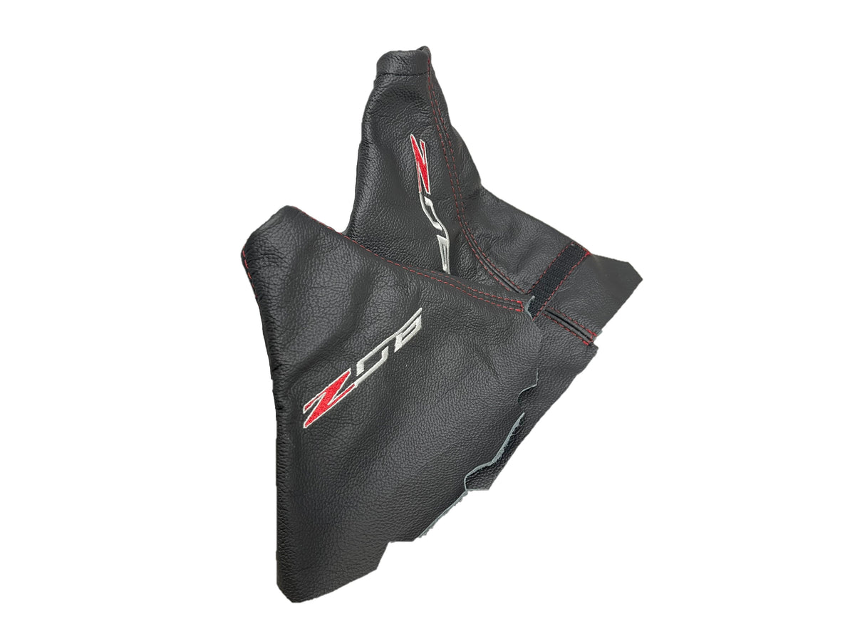 Red Stitch Leather Parking Brake & Shift Boot Cover with Embroidery For 2001-2004 Chevy Corvette C5 Z06
